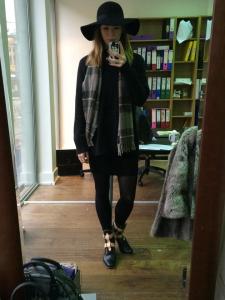 Day 3 - More of a laid back look - with a LBD underneath a long All Saints cashmere sweater, teamed with black tights, black floppy hat, Westwood Seditionaries and a Westwood Scarf